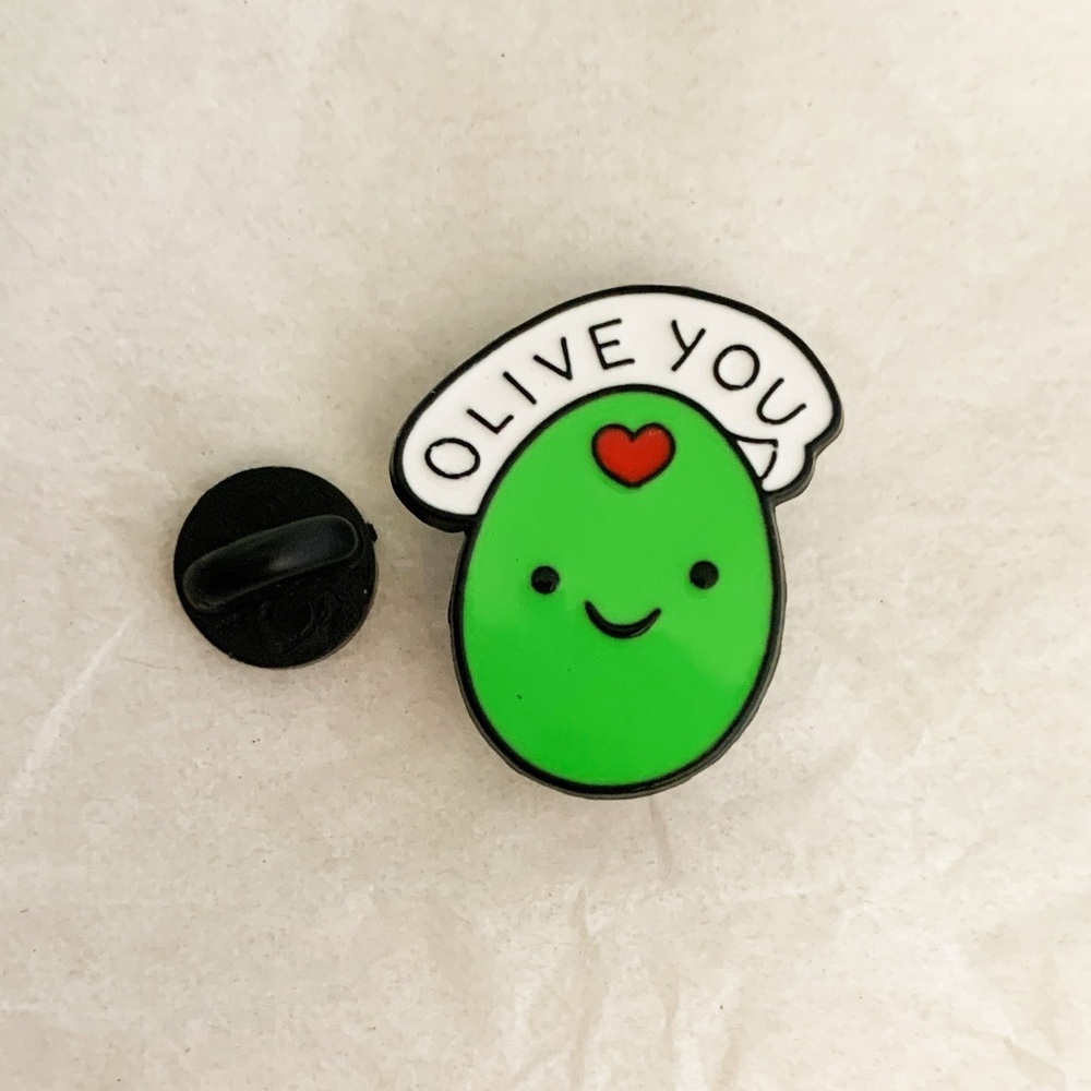 3/$15 New Enamel Vibrant Green & Black “Olive You” Cartoon Small Brooch / Pin